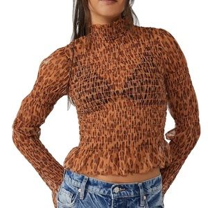 NWT Free People Ruched Mesh Leopard Print Top with Mock Neck, XL